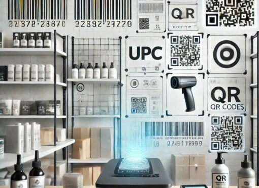 A modern business setting showcasing barcodes and QR codes used in retail and billing operations