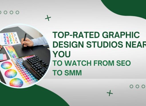 The image is showing text "Top-Rated Graphic Design Studios Near You For Stunning Visuals" & image of keyboad and graphic sheets lying on table.