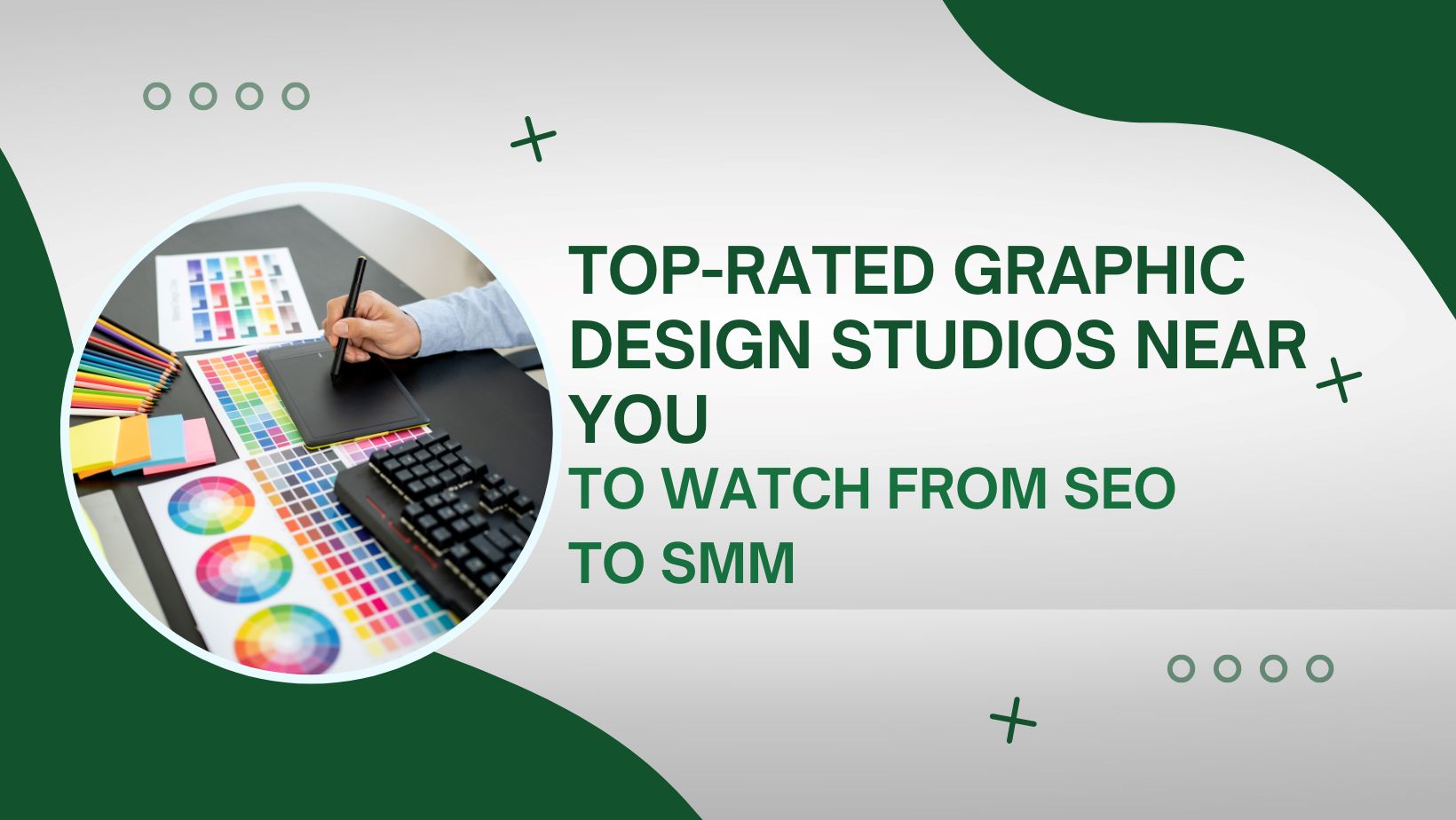 The image is showing text "Top-Rated Graphic Design Studios Near You For Stunning Visuals" & image of keyboad and graphic sheets lying on table.