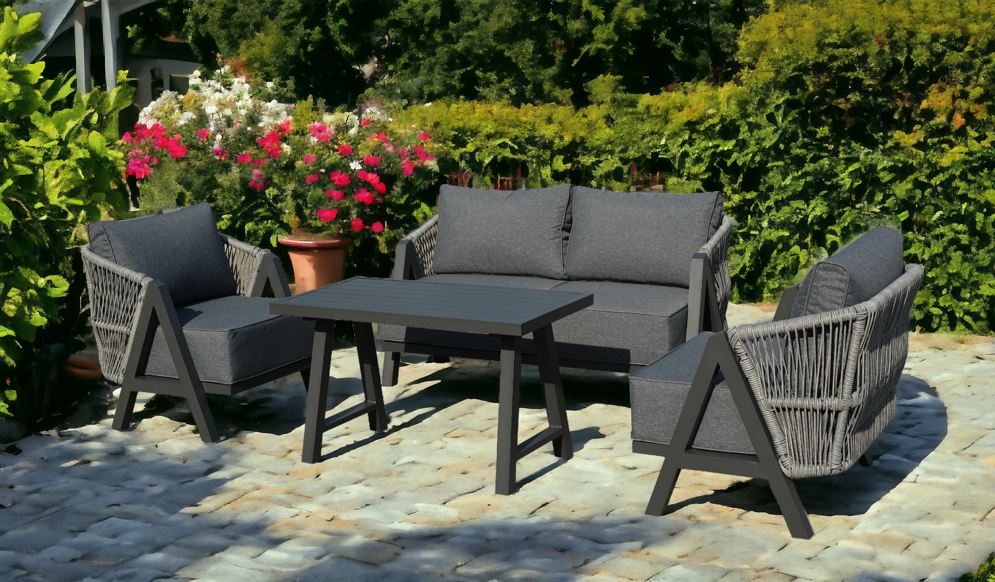 NEW Lizzie Garden Grey 2 Seater + 2 Chairs + Coffee Table Rope Weave Homeflair
