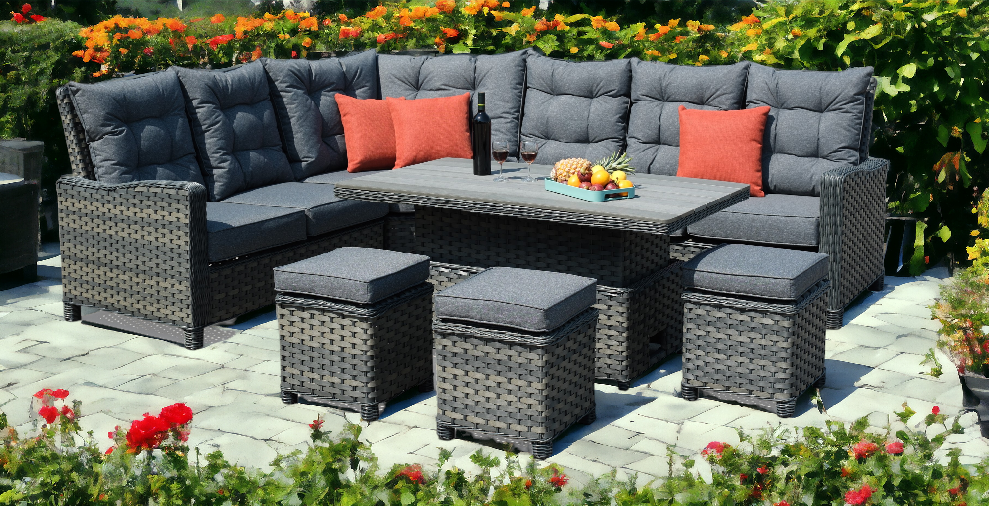 NEW Molly Rattan Grey Large Corner with Rising Table by Homeflair