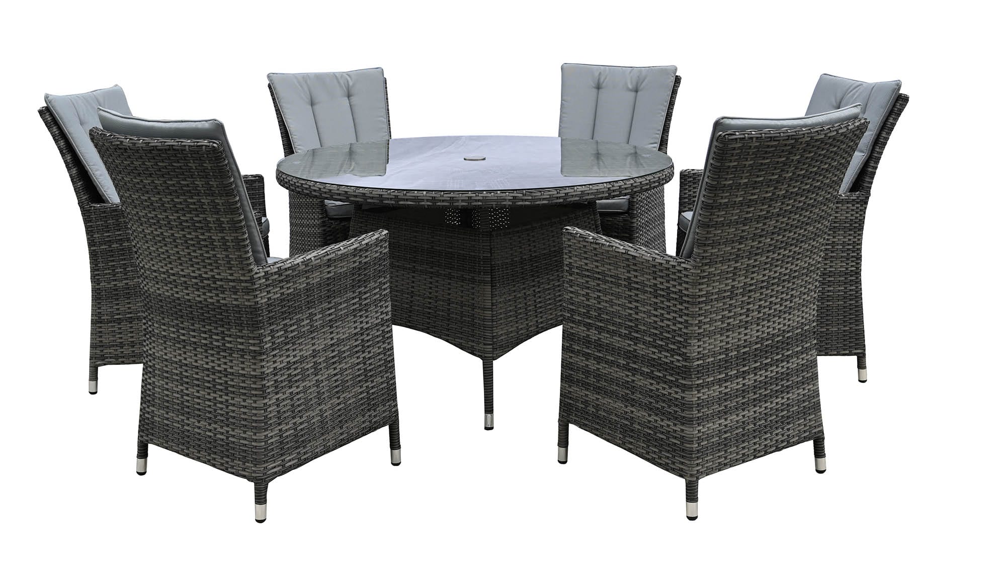 Rattan Grey Dining Round Table + 6 High Back Chairs Set