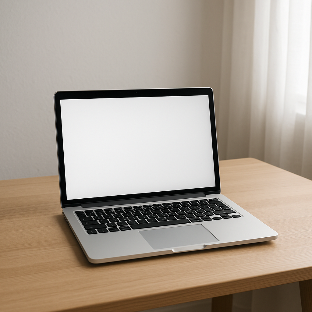 A laptop on a table.