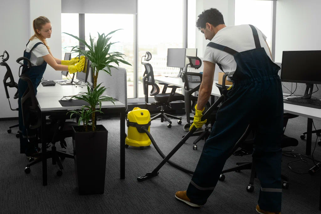 Professional cleaning team is cleaning the room wearing gloves and uniform