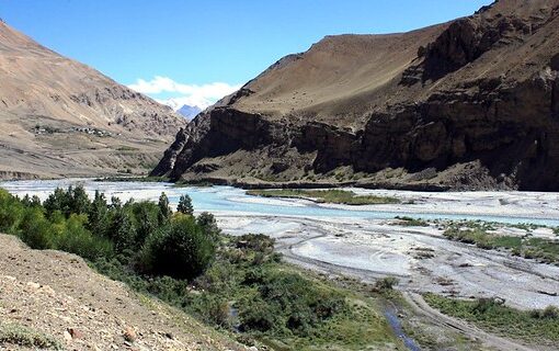 A turquoise river winding through rugged mountains and green patches captures the raw beauty of Spiti Valley tour packages