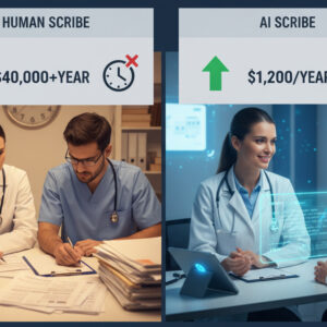 AI medical scribe cost comparison showing human scribe vs AI scribe with major cost savings.
