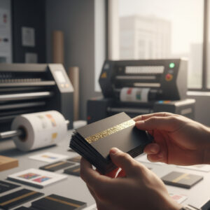 Professional designer inspecting premium business cards at a modern printing press in Dubai
