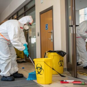 Professional cleaners in full protective suits performing biohazard cleanup inside a building with safety equipment and yellow hazardous waste bins.