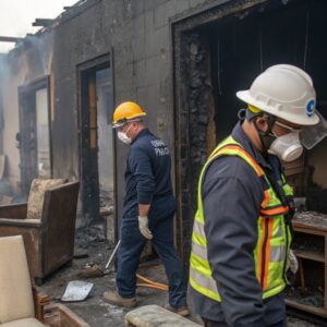 Restoration workers wearing safety gear and hard hats assess fire damage inside a burnt building, surrounded by charred walls and debris.