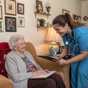 A smiling nurse in blue scrubs takes notes while talking with an elderly woman sitting in a cozy living room, creating a warm and friendly home health care setting.