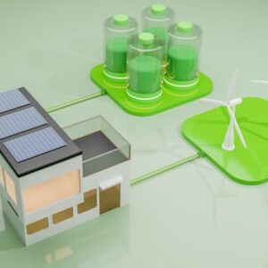 3D illustration of a sustainable energy system showing a house with solar panels connected to wind turbines and large battery storage units, representing renewable energy and clean power solutions