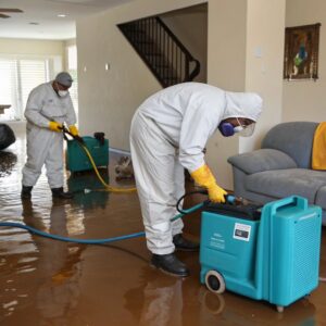 Restoration technicians wearing protective suits and masks using water extraction equipment to clean a flooded living room during a water damage restoration project.